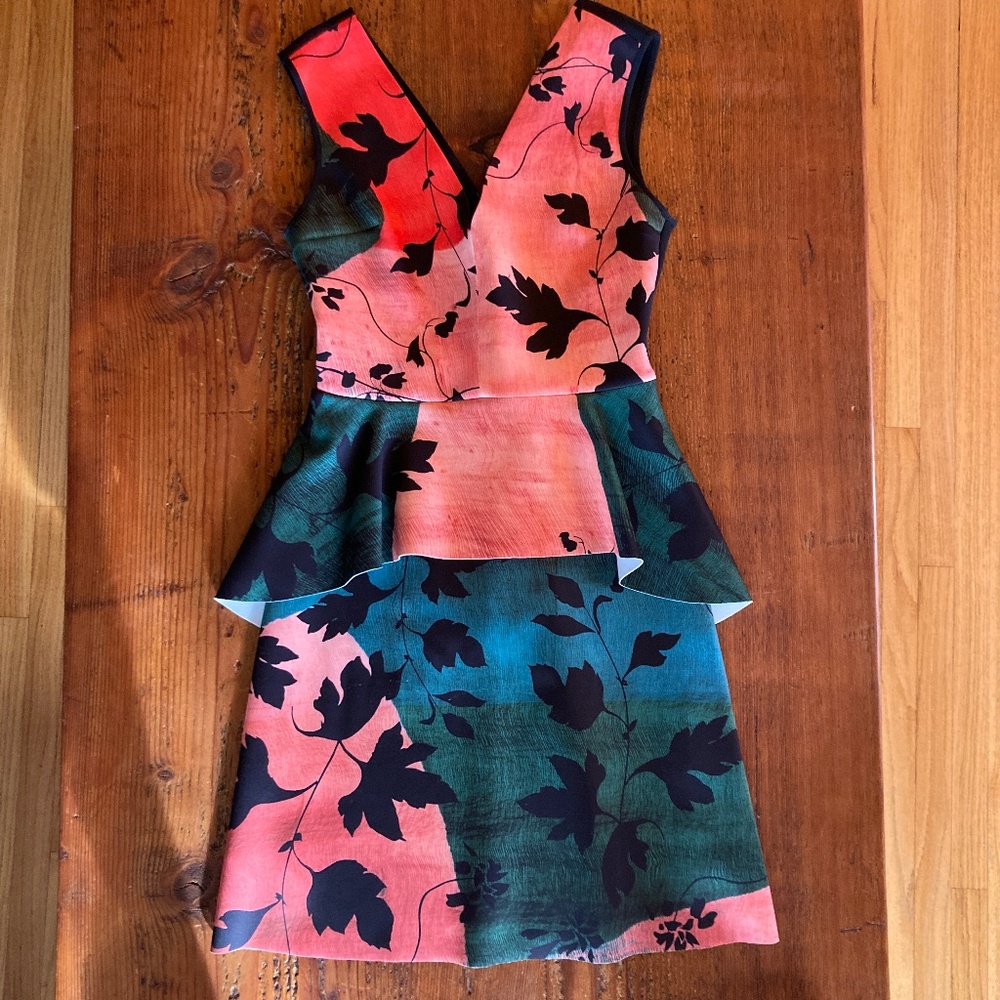 Clover Canyon Neoprene Peplum Sleeveless Dress Size Large Made in USA, Print